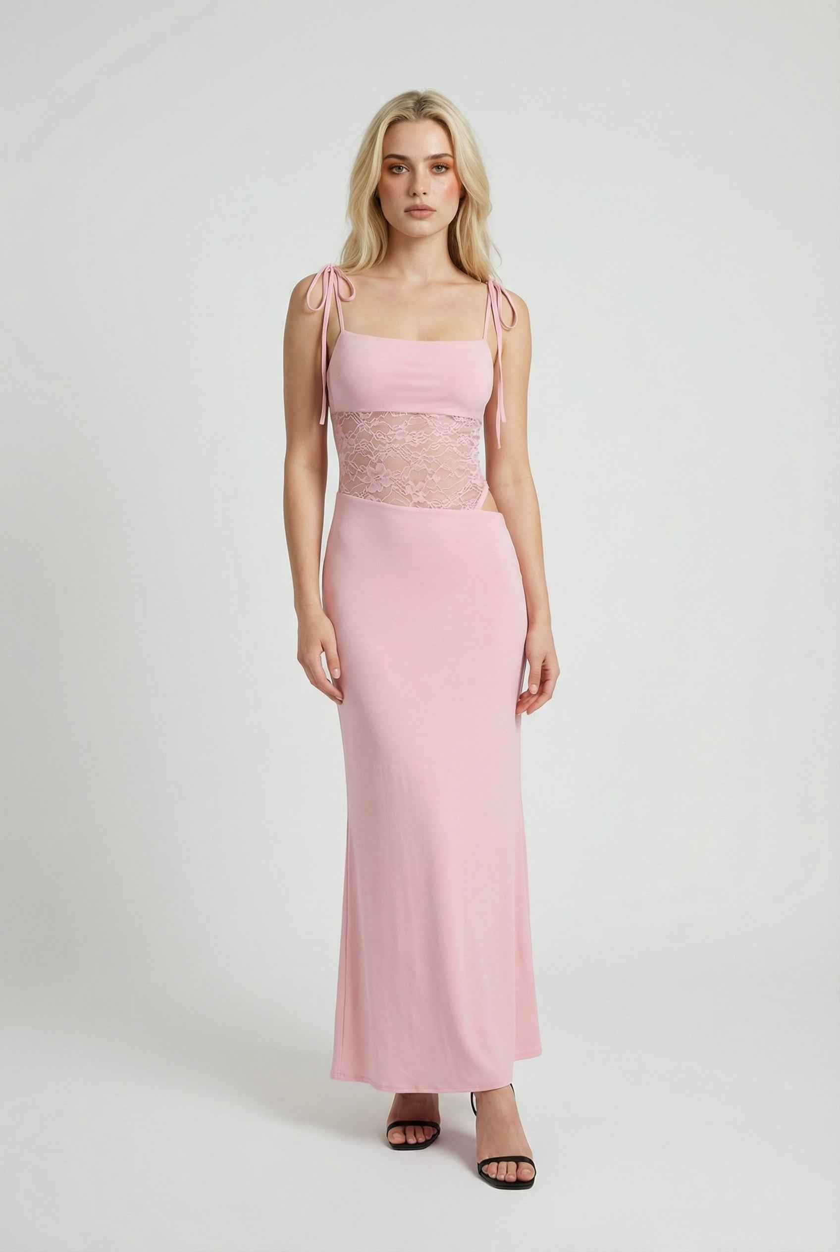 Pink Sleeveless Lace Maxi Dress