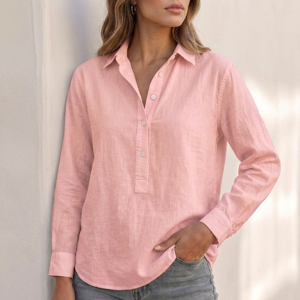 Women's pink linen shirt – long sleeve relaxed fit summer top