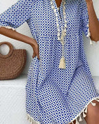 Printed mini dress with tassels side view