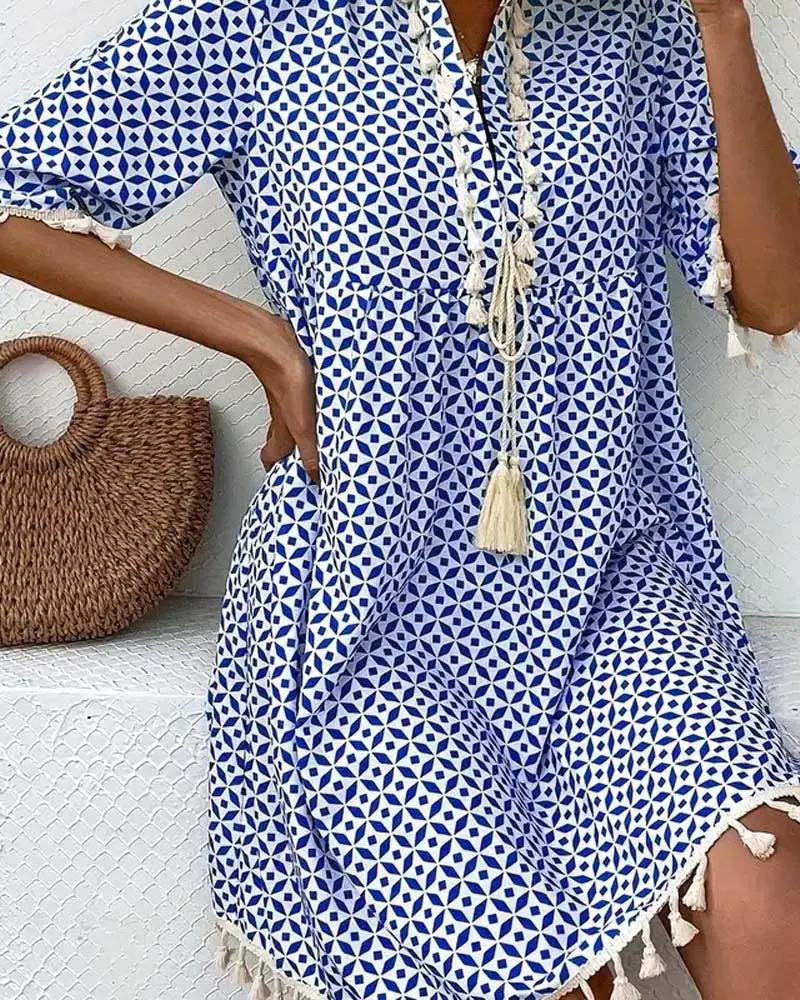 Printed mini dress with tassels side view