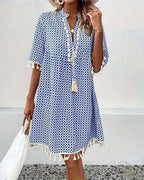 Women's boho geometric mini dress, tassel fringe hem detail