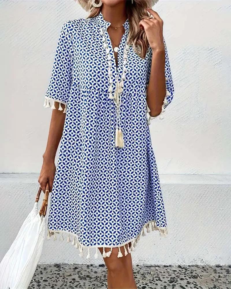 Women's boho geometric mini dress, tassel fringe hem detail