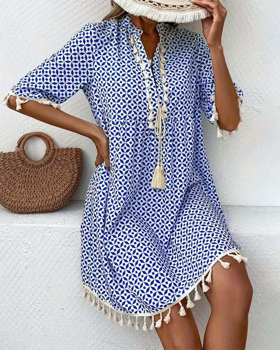 Women's boho geometric print mini tunic dress, side view