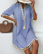 Women's boho geometric print mini tunic dress, side view