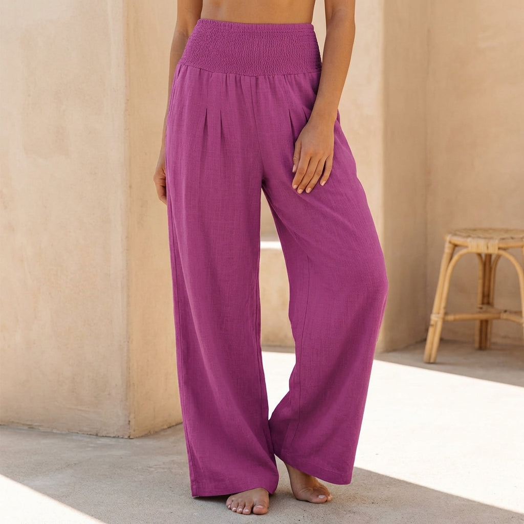 Alexandra Flowing Wide-Leg Pants with Smocked Waistband