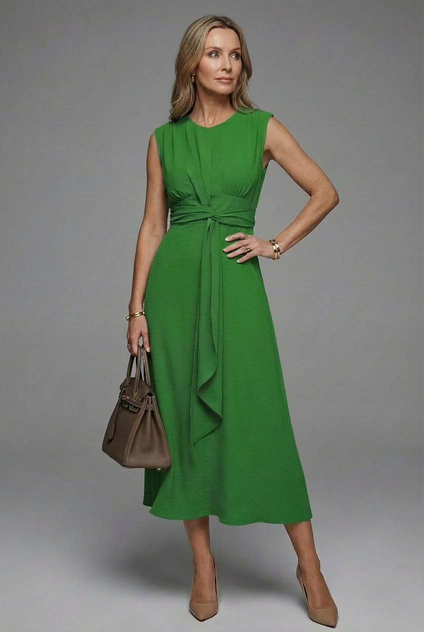 Women's round neck sleeveless dress full length view