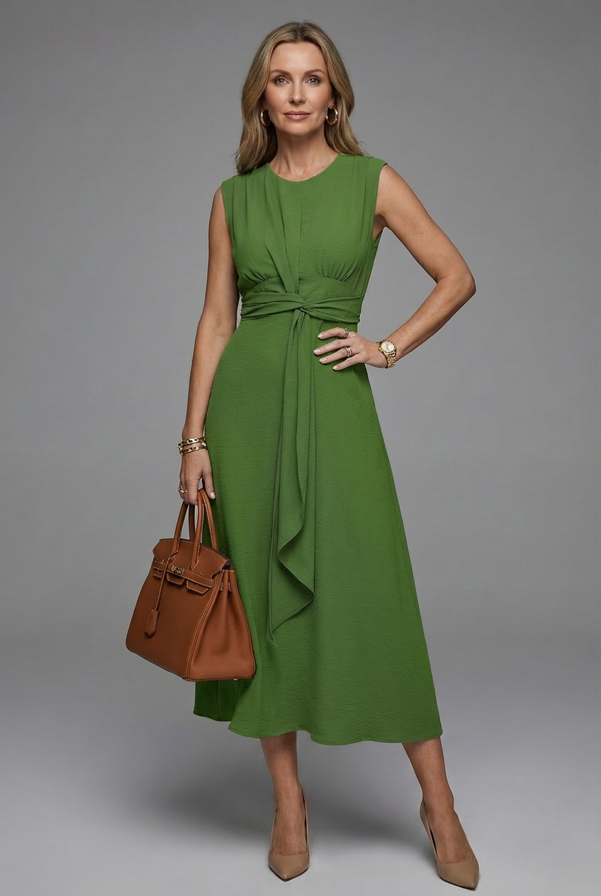 Women's tailored sleeveless midi dress front detail