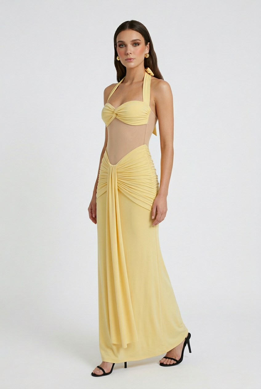 Yellow Halter Maxi Dress with Ruched Detail