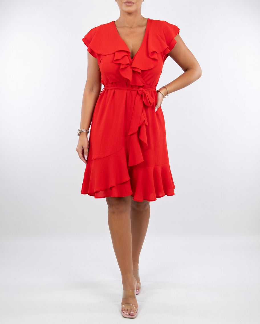Ruffle wrap dress with V-neck in red, front view