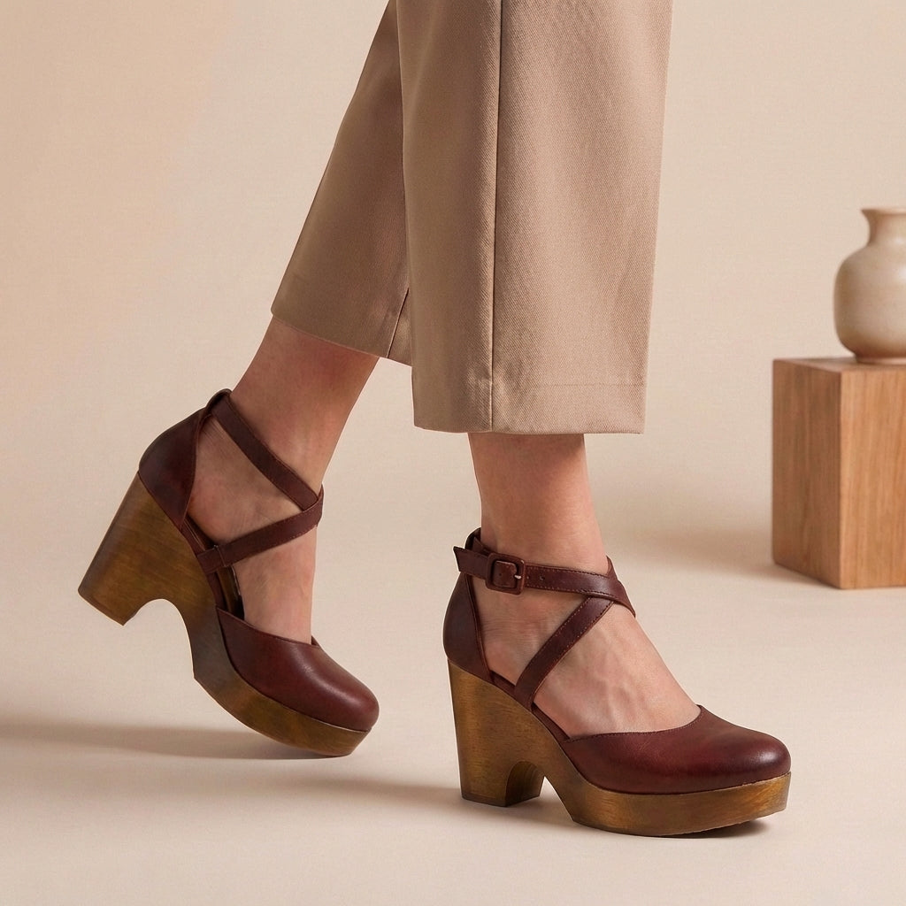 Women's burgundy platform wedge shoes – ankle strap closed toe block heel