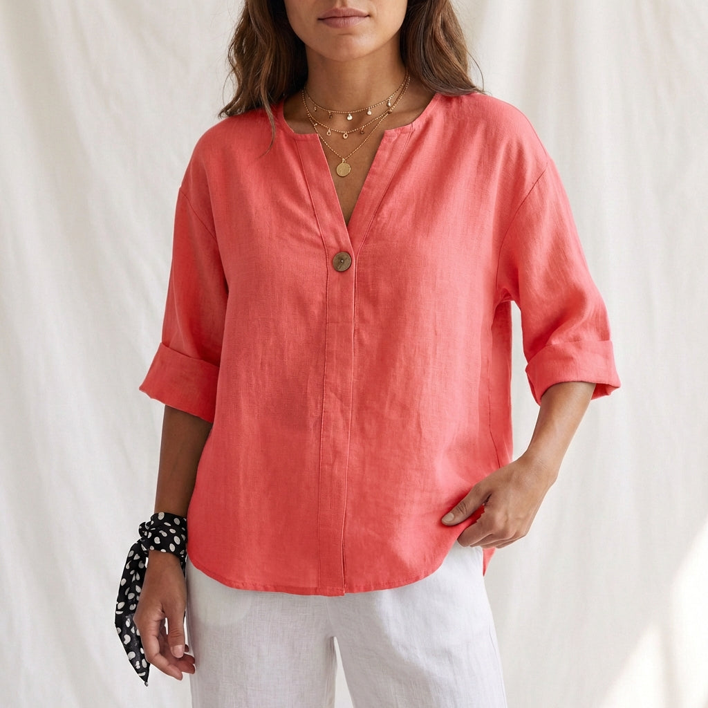 Cotton Linen V-Neck Blouse with Button Front and Cuffed Sleeves