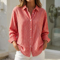 Red striped linen shirt for women – relaxed fit button down blouse