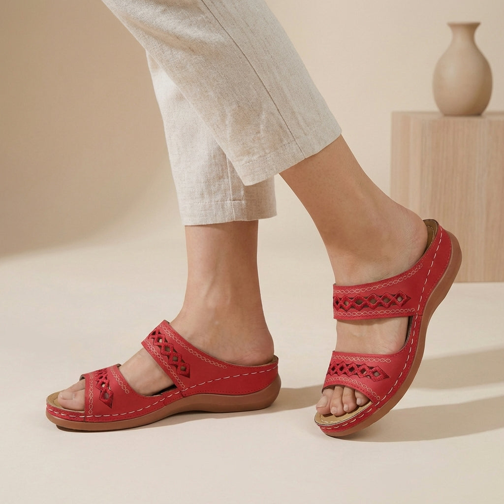 Orthopaedic double strap sandals in red – women's laser-cut cushioned sole