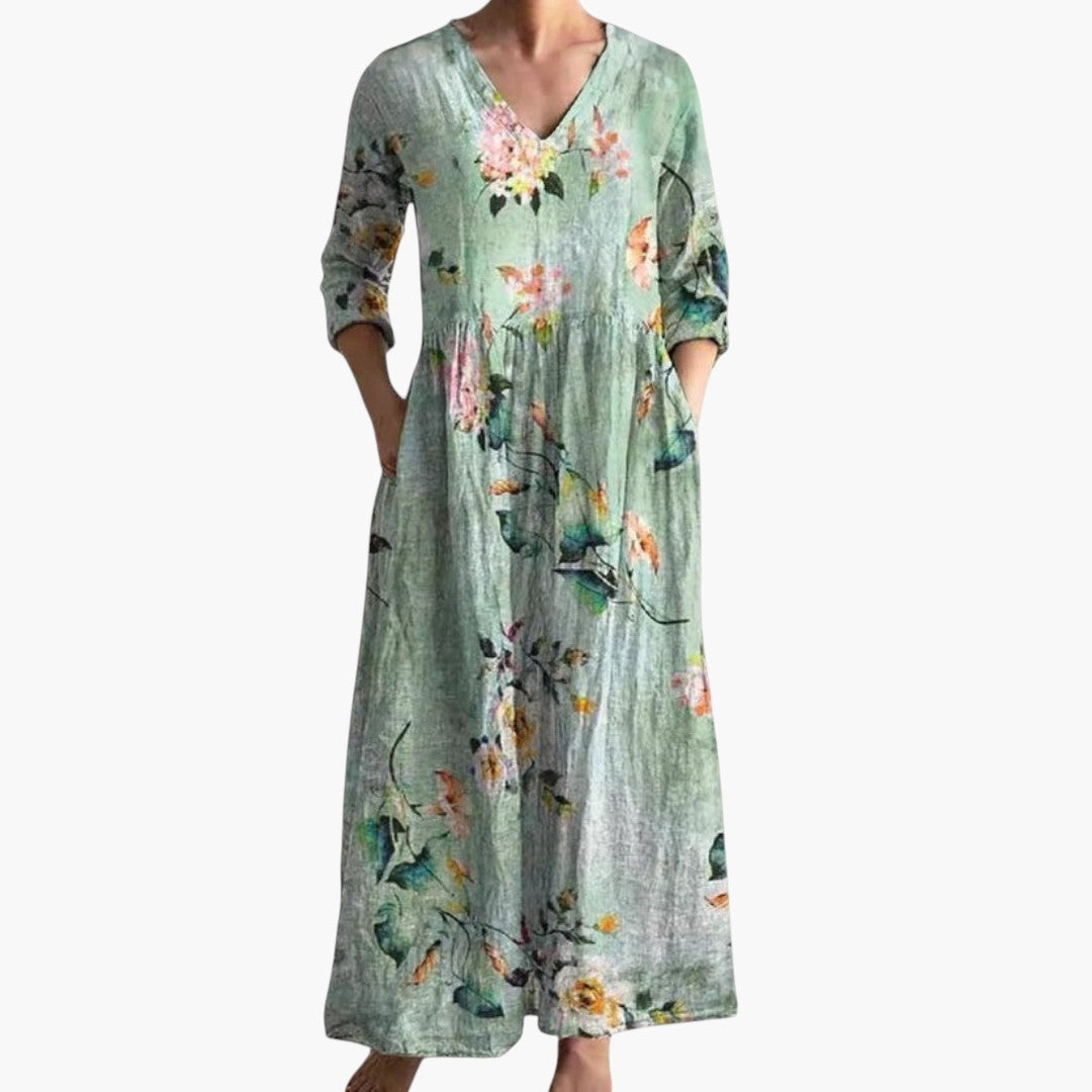 V-neck floral dress side profile flowing silhouette