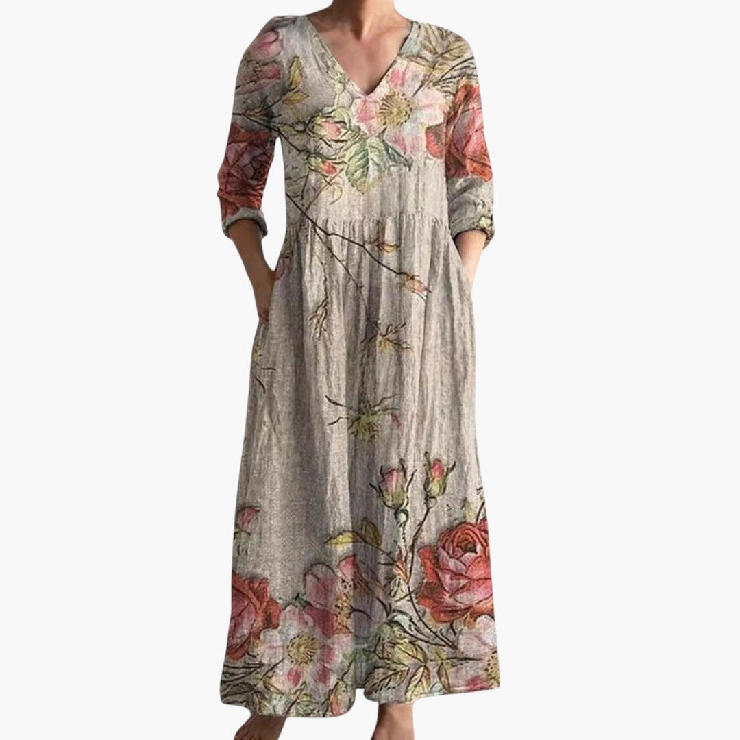 V-neck floral maxi dress front view summer occasion beige