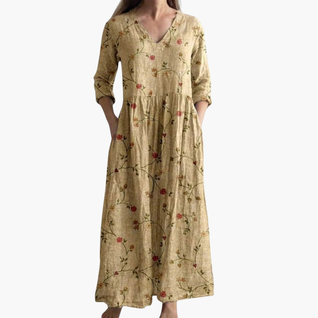 Beige floral maxi dress three-quarter view