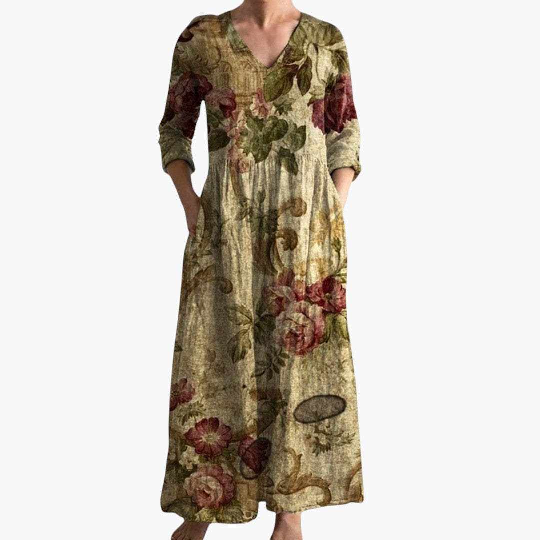Beige floral V-neck dress front view styled outfit