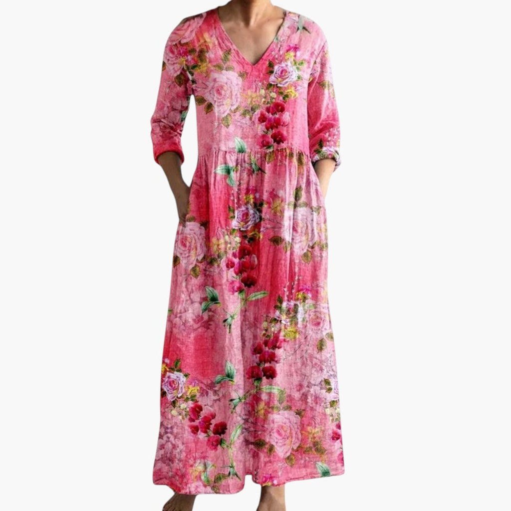 Floral print detail close-up V-neck maxi dress