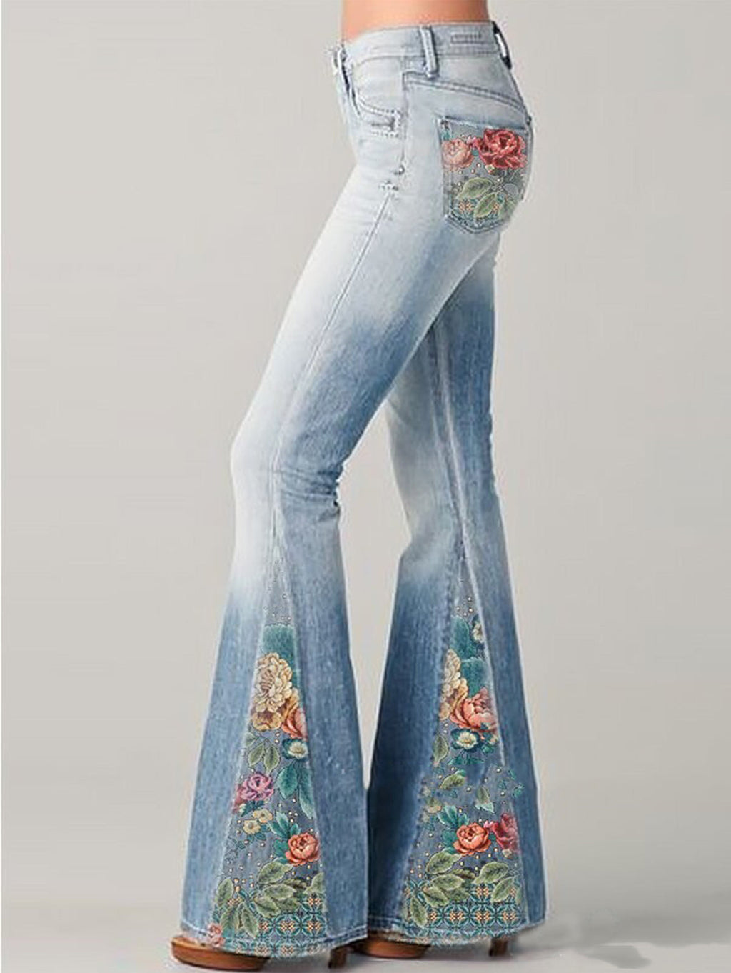Floral Embroidered High-Rise Flare Jeans