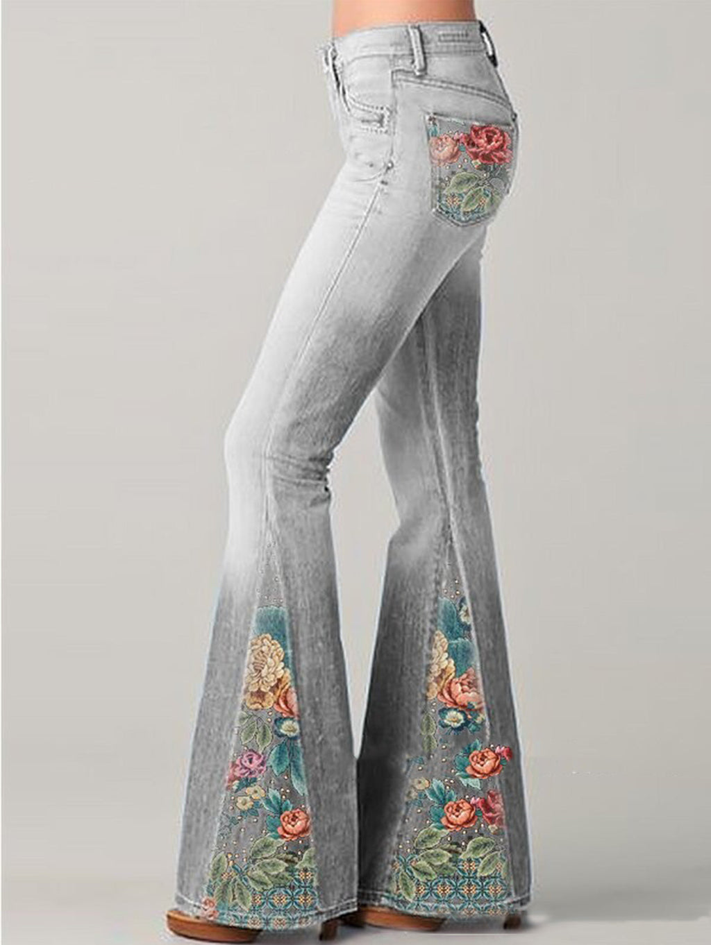 Floral Embroidered High-Rise Flare Jeans