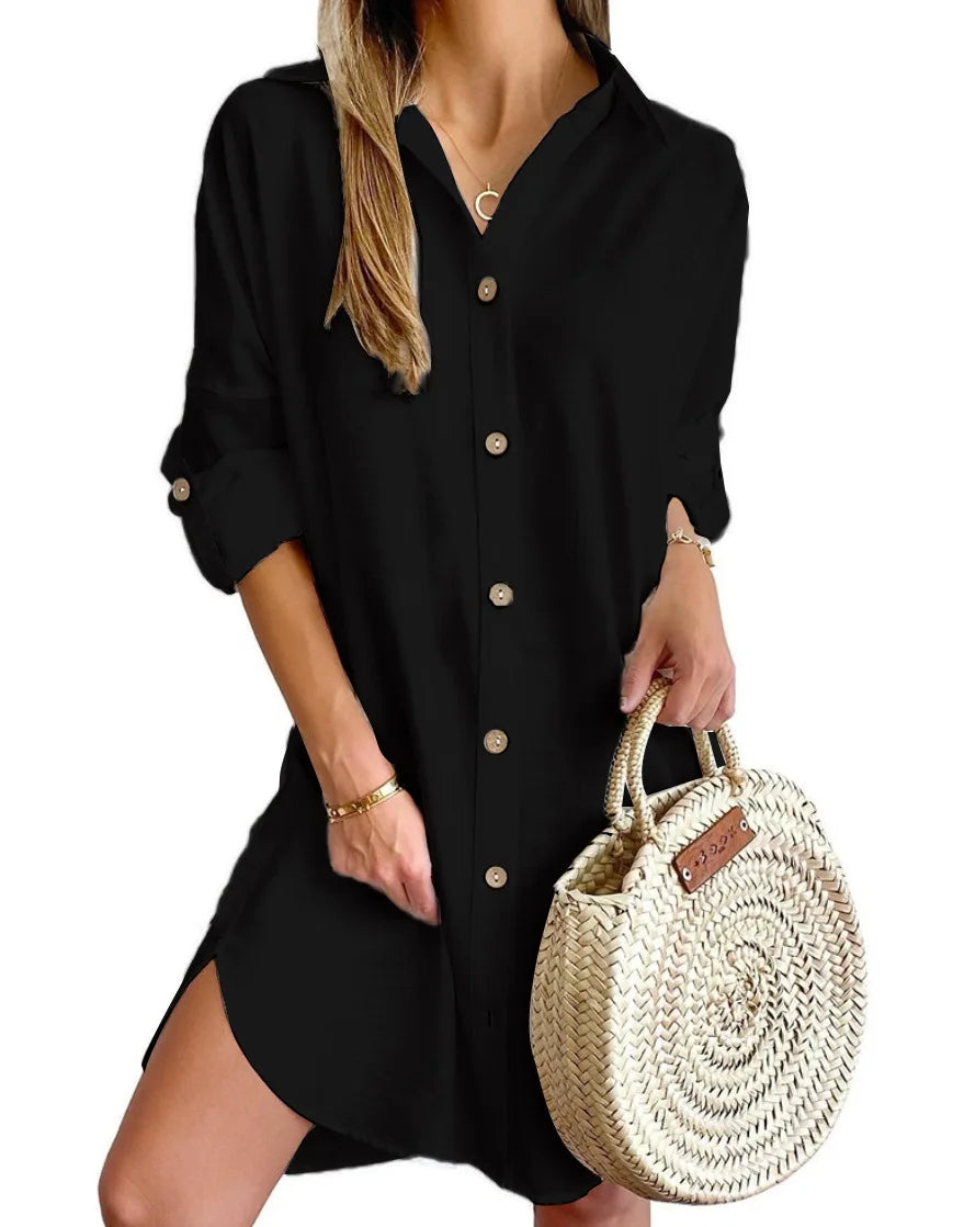 Button-up shirt midi dress in black, styled on model