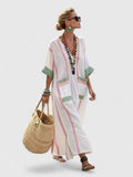 Women's striped kaftan V-neck maxi dress in white pink and green, boho style, front view