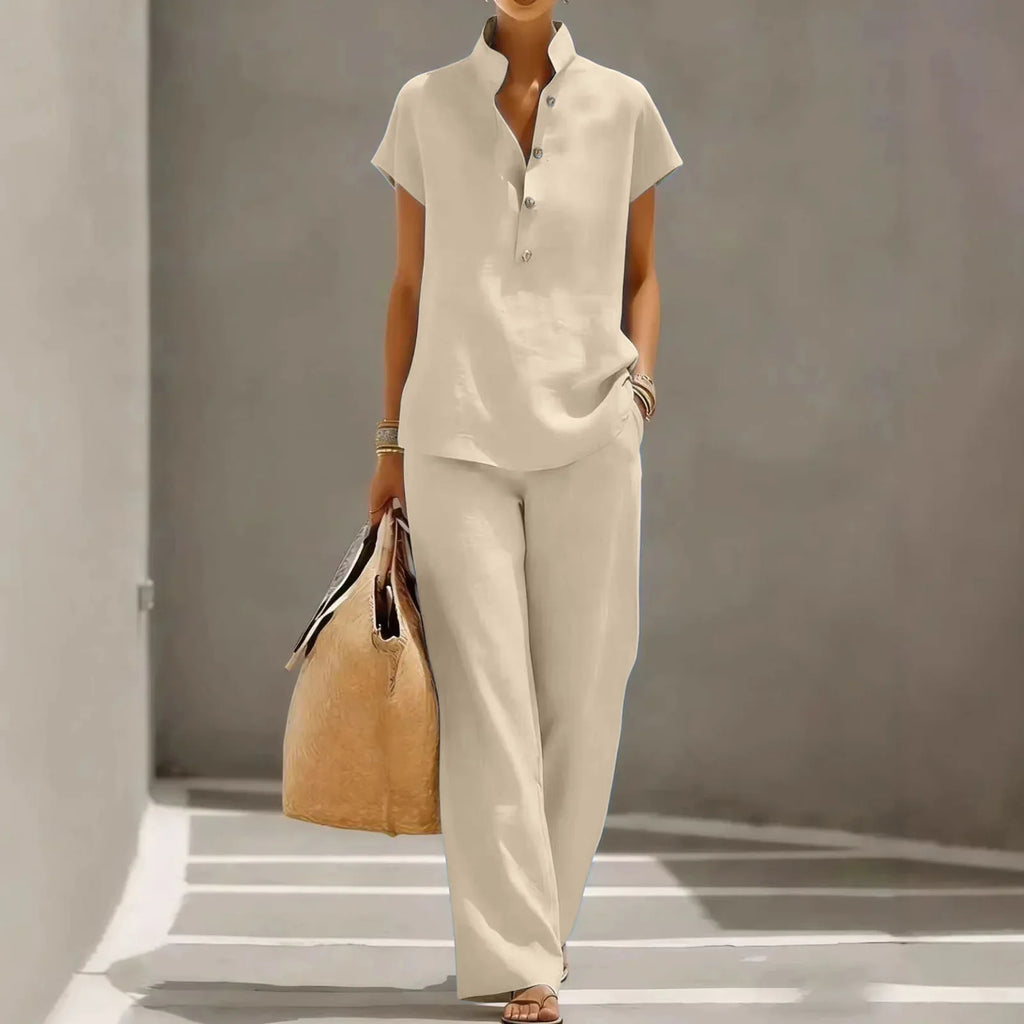 Women's linen matching holiday set in green, front view