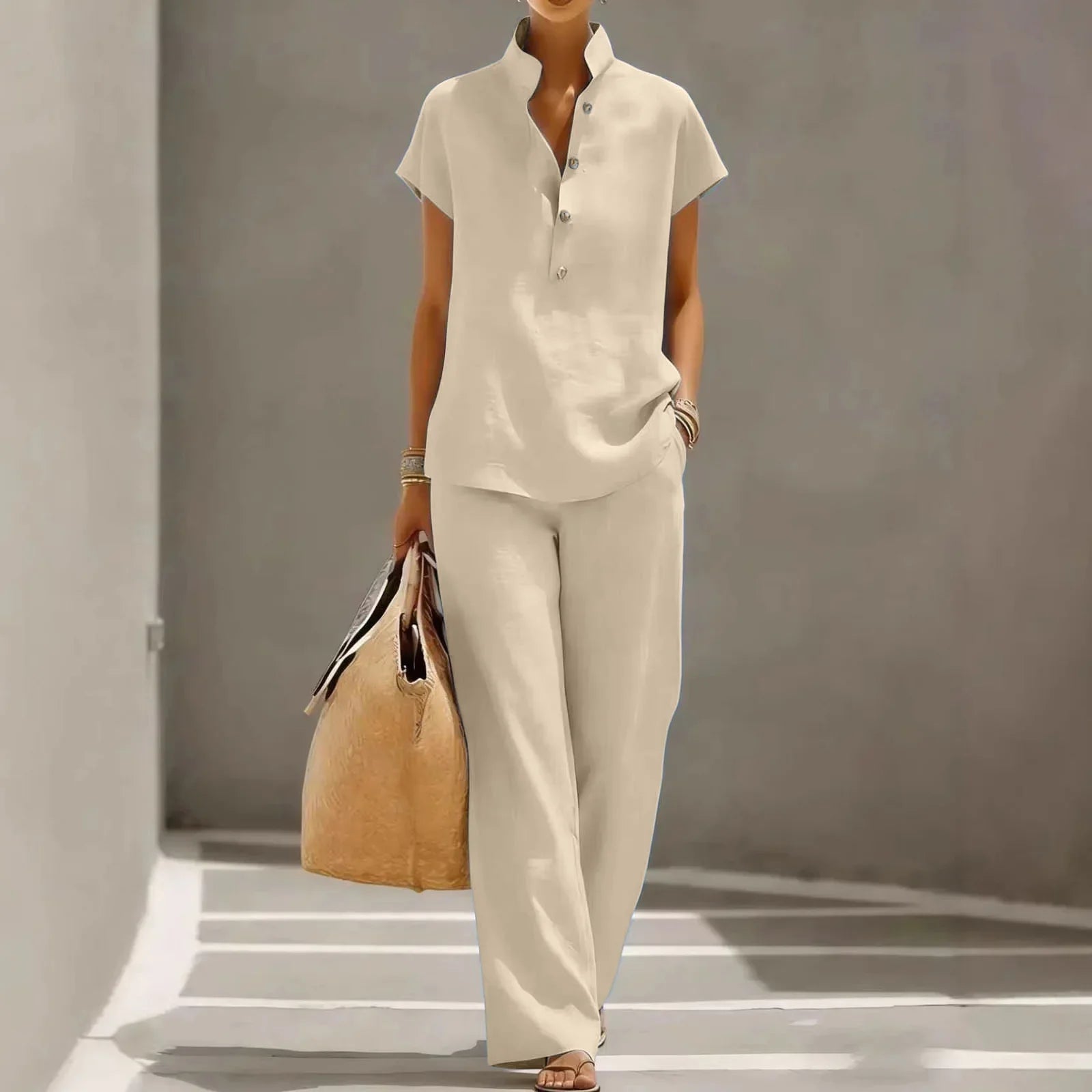 Women's linen matching holiday set in green, front view
