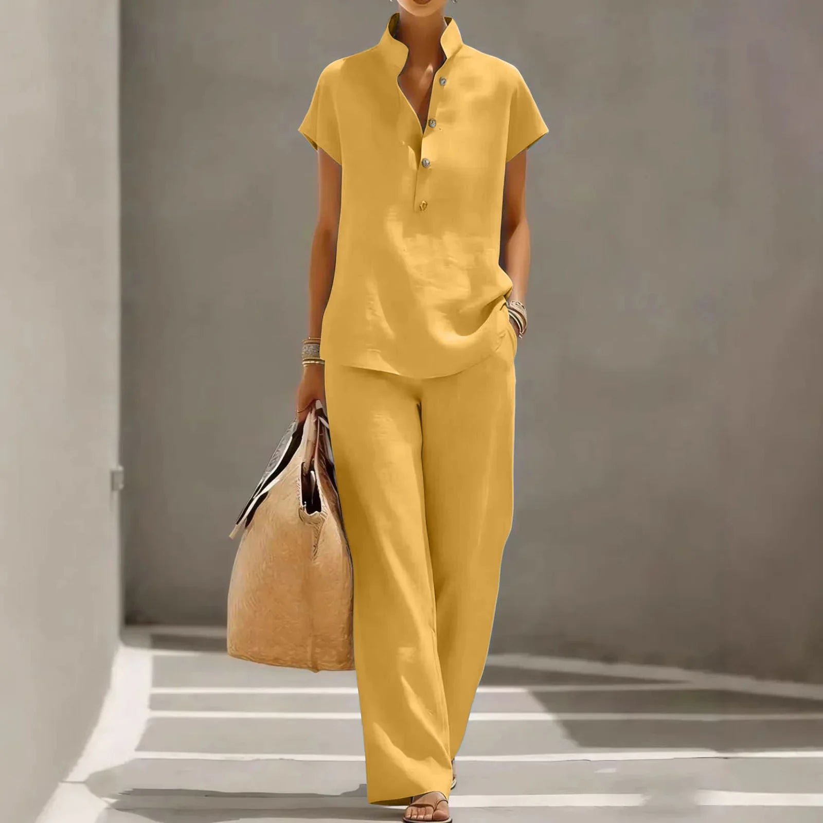 Women's linen matching set in yellow, full length view
