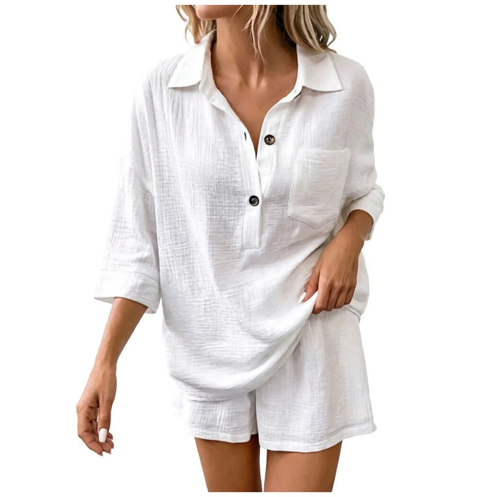 Women's linen summer co-ord set in black, styled outdoor