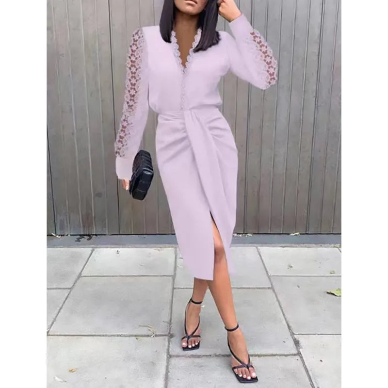 Lace trim long sleeve side slit midi dress | Alba Muse