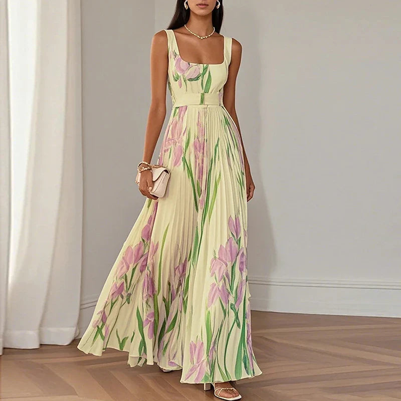 Women's floral wedding guest maxi dress in yellow and light blue colourway, front view