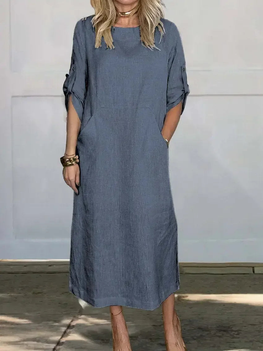 Women's A-line draped maxi dress, side view