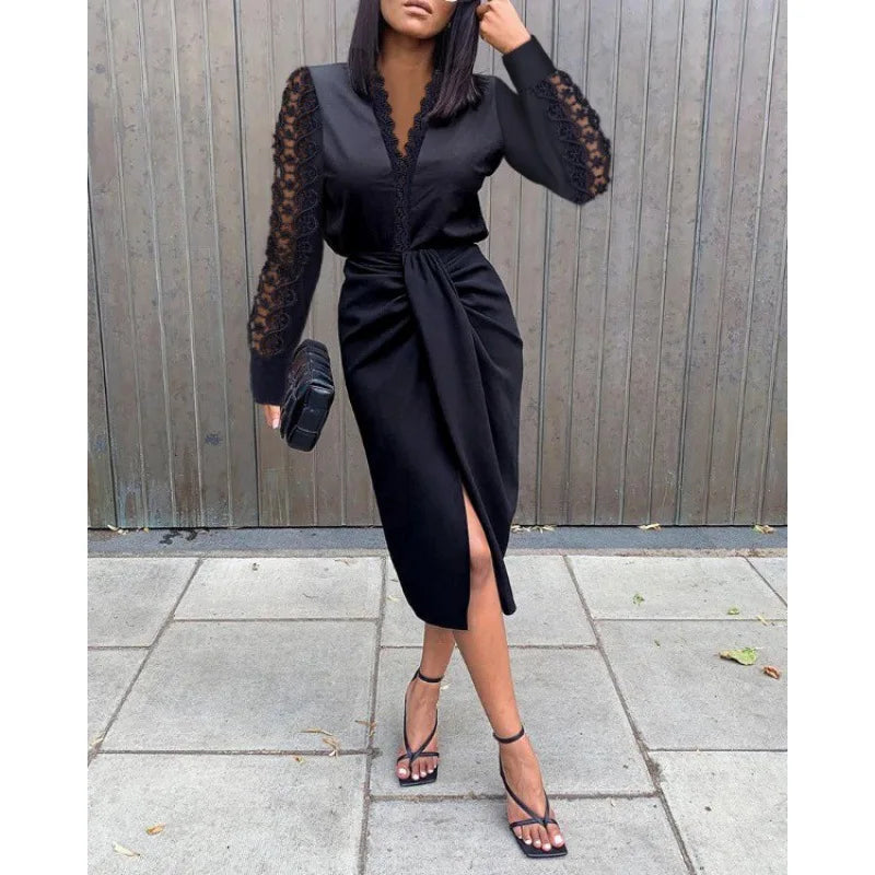 Lace trim long sleeve side slit midi dress | Alba Muse