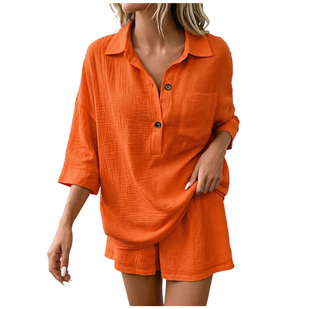 Women's linen co-ord set, close-up detail