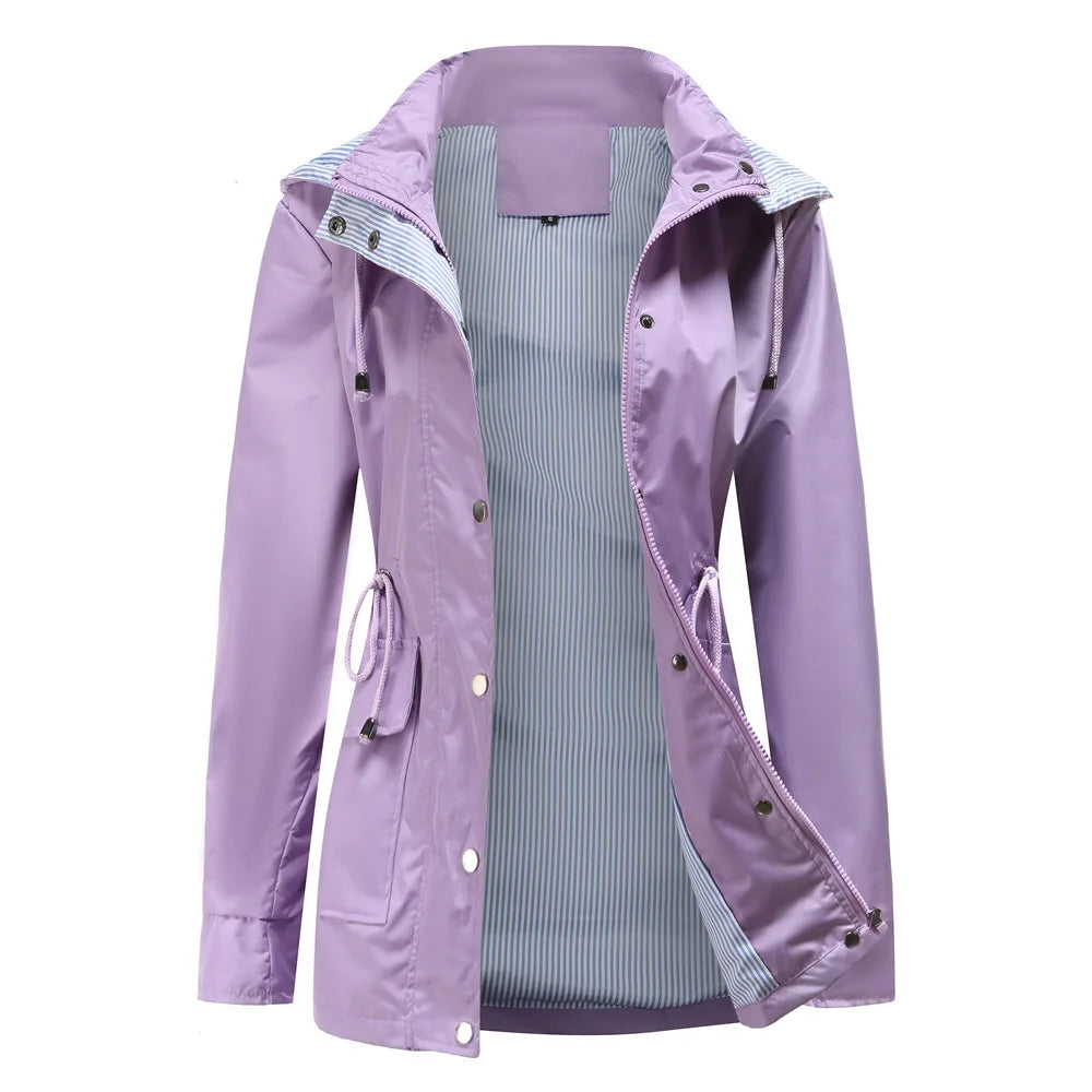 Water resistant detachable hood trench coat with an adjustable drawstring waist