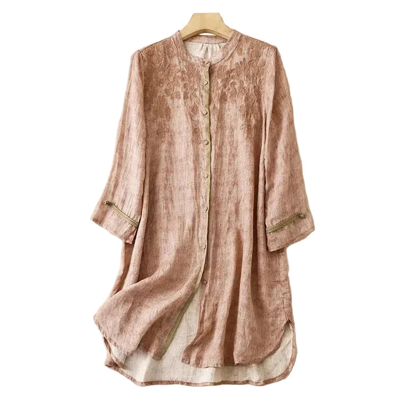 Linen front-button tunic dress in red, styled on model
