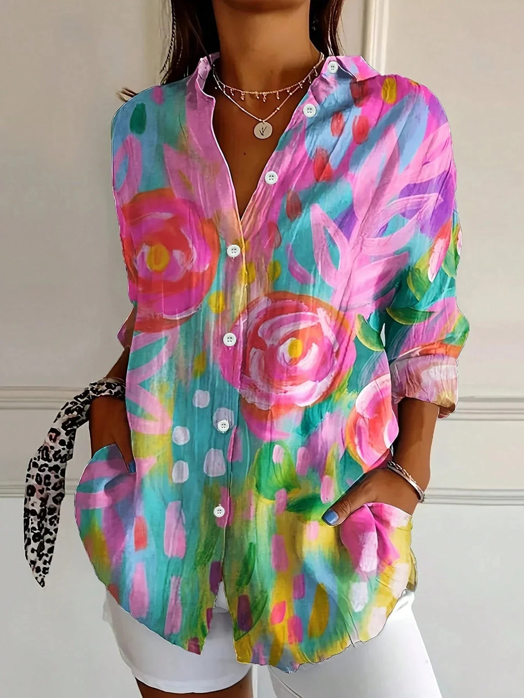 Abstract print relaxed blouse in pink, front view