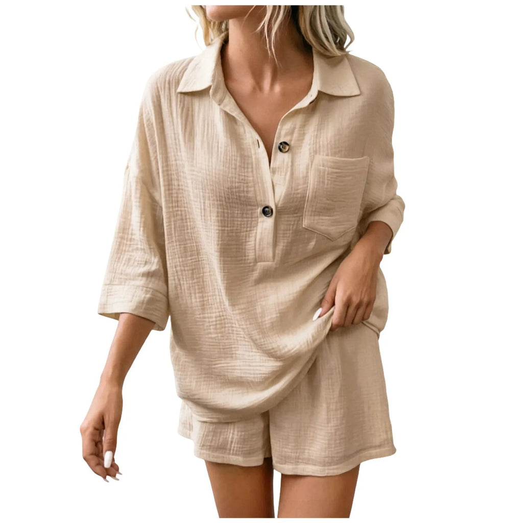 Women's linen summer set in khaki, styled on model