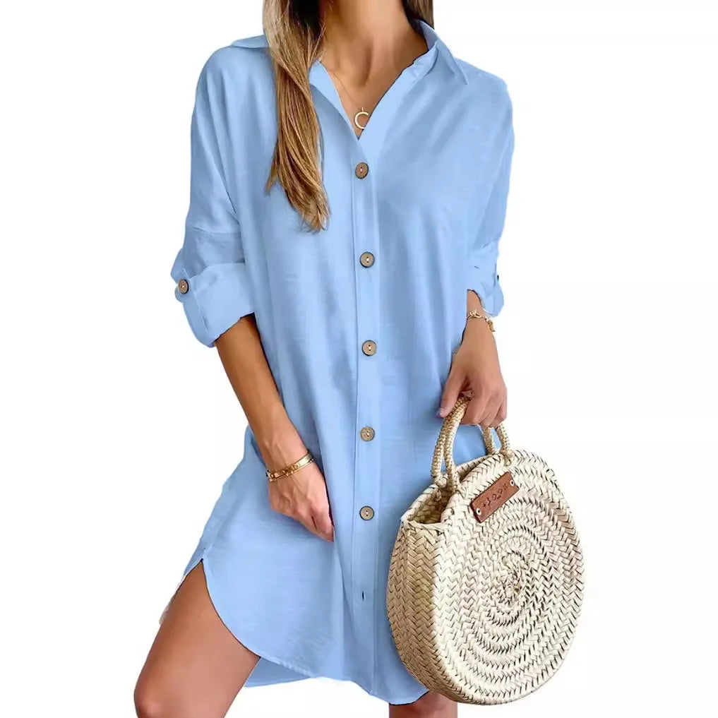 Button-up shirt midi dress in sky blue, full length view