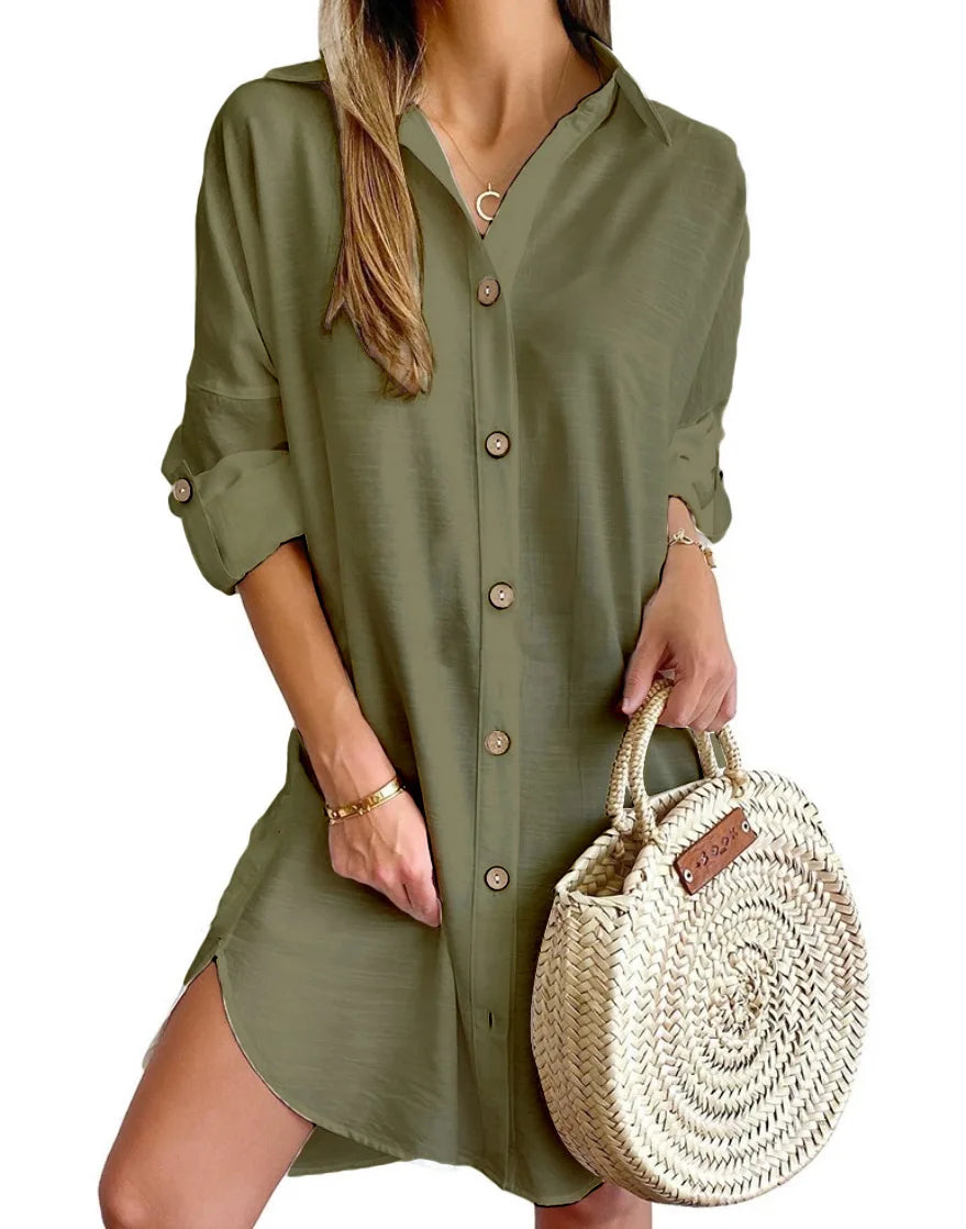 Button-up shirt midi dress, side view