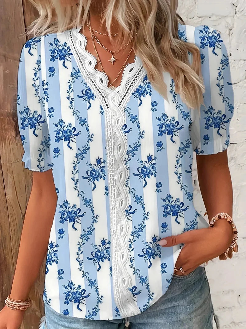 Women's lace V-neck printed blouse, close-up detail