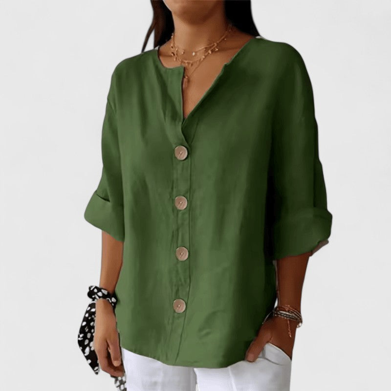 Women's Cathlyn tunic blouse in army green, styled on model