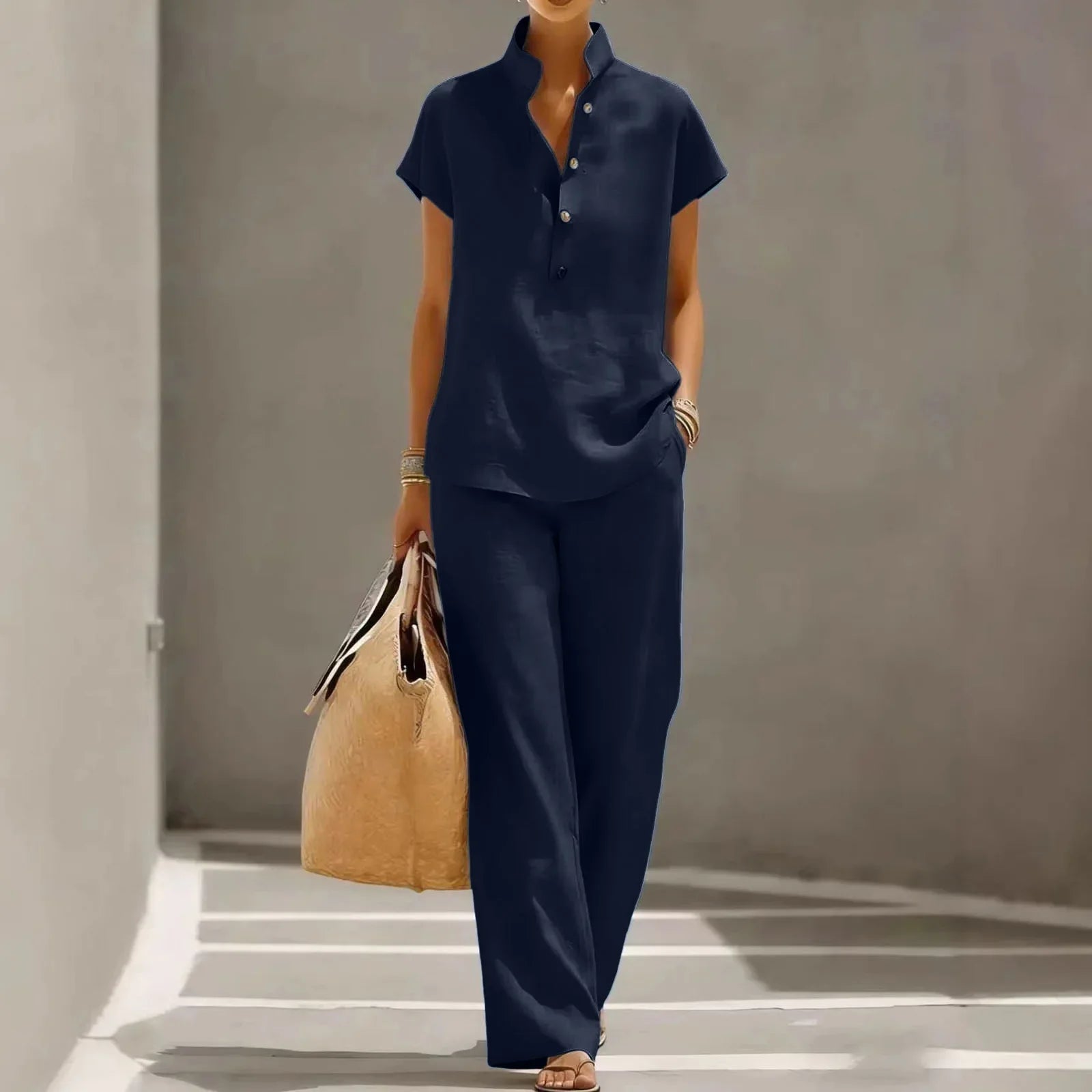 Women's linen co-ord set in khaki, styled on model
