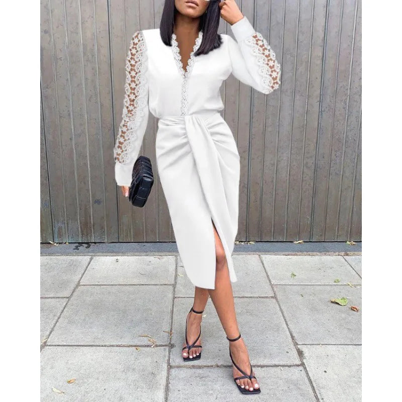 Lace trim long sleeve side slit midi dress | Alba Muse