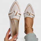 Women's pointed toe knot loafers in white – two-tone contrast slip-on flat shoes