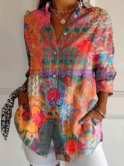 Abstract print relaxed blouse in orange, front view