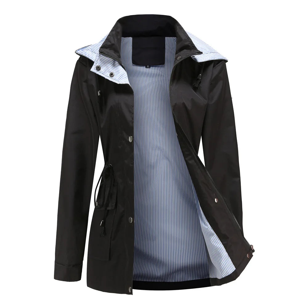 Water resistant detachable hood trench coat with spacious front pockets