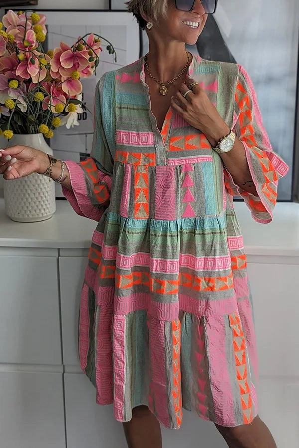 Boho tiered swing midi dress in pink, full length view