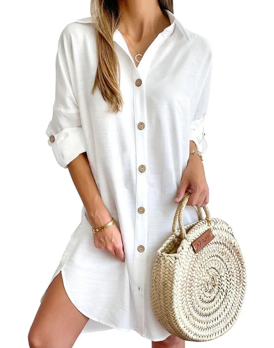 Button-up shirt midi dress in white, front view